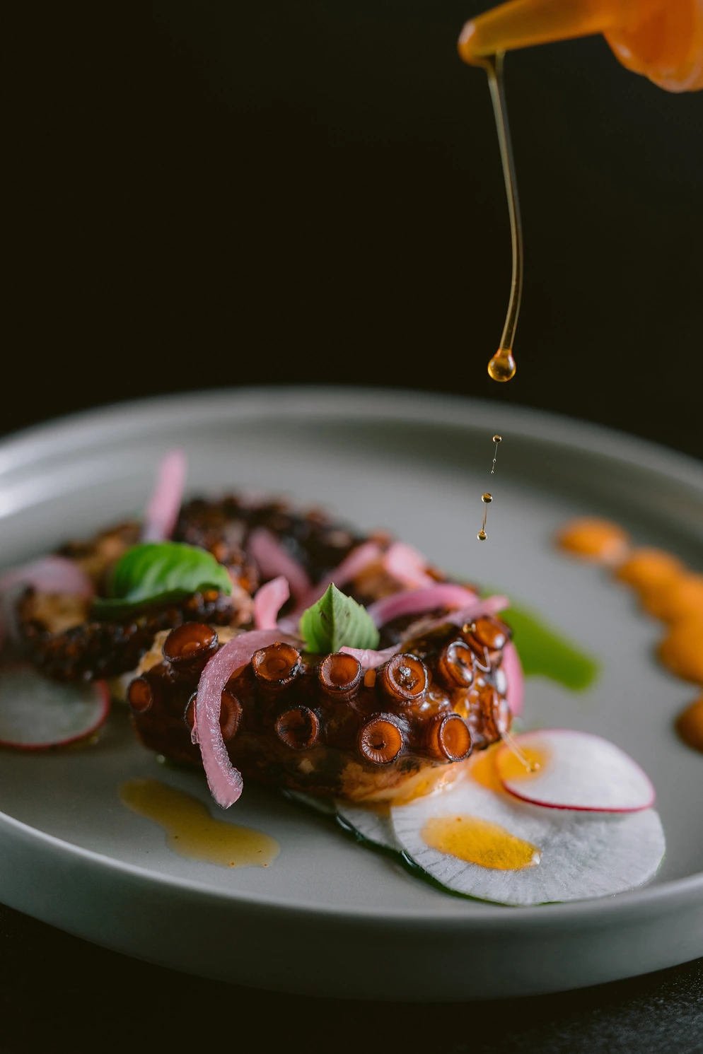 Grilled octopus with pickled onion and radish, a small plate at Seed in Bingin